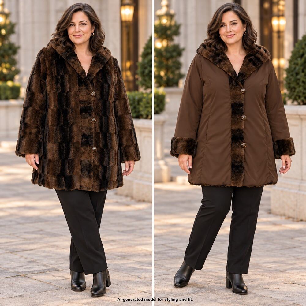 Hal Rubenstein Reversible Faux Fur Coat Hooded Brown Black Button Up Mob Wife XL